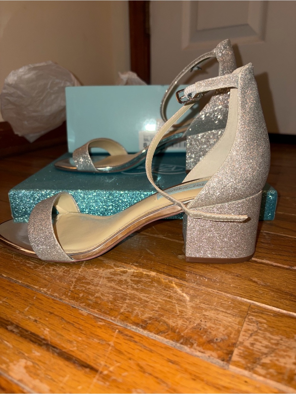 Betsey Johnson Sparkle Block Heel Sandals - Silver Glitter